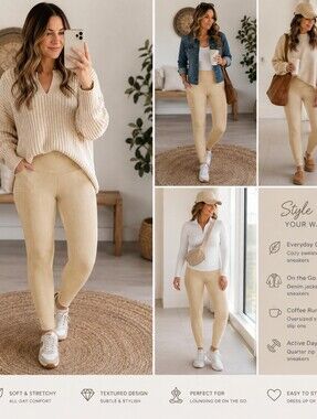 Cream Knit High-Waist Women's Leggins
